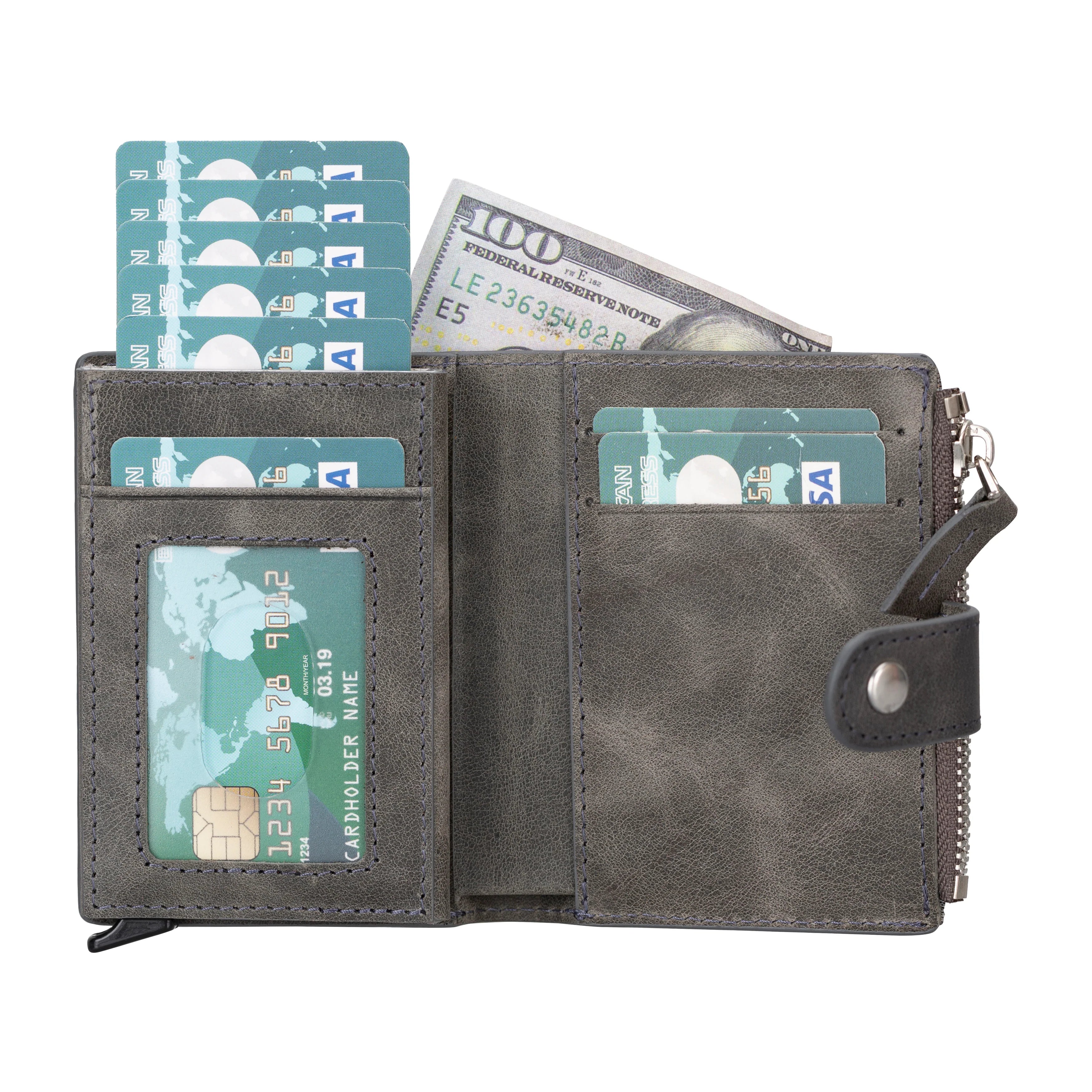 Zip Genuine Leather Mechanical Card Holder