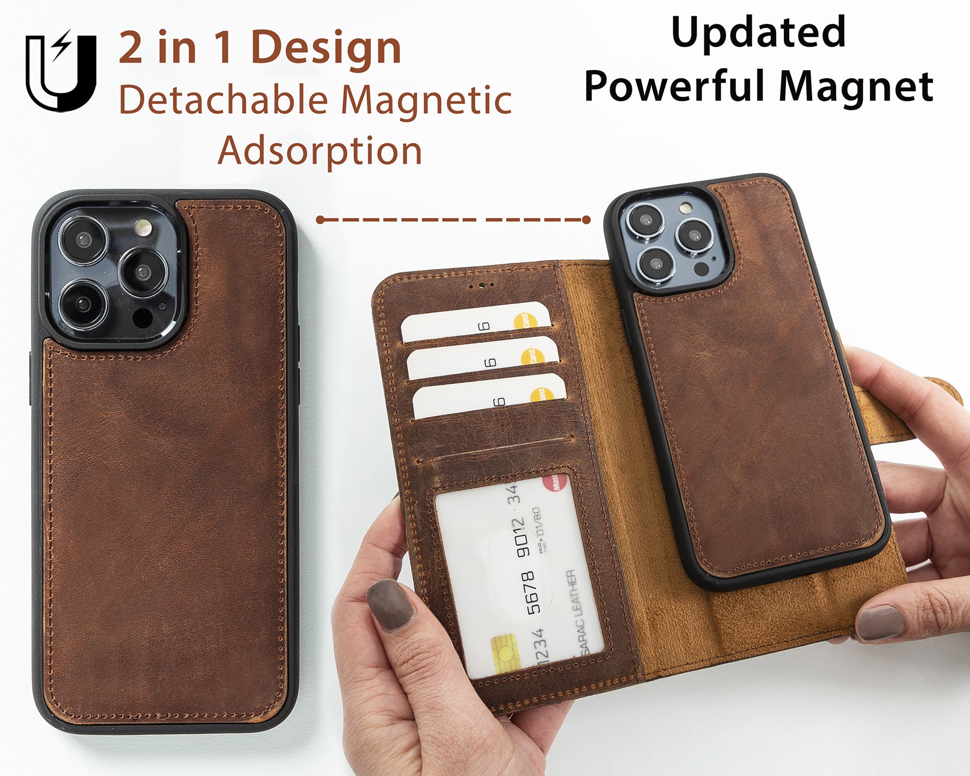 Liluri iPhone 16 Series Magnetic Detachable Genuine Leather Wallet Case