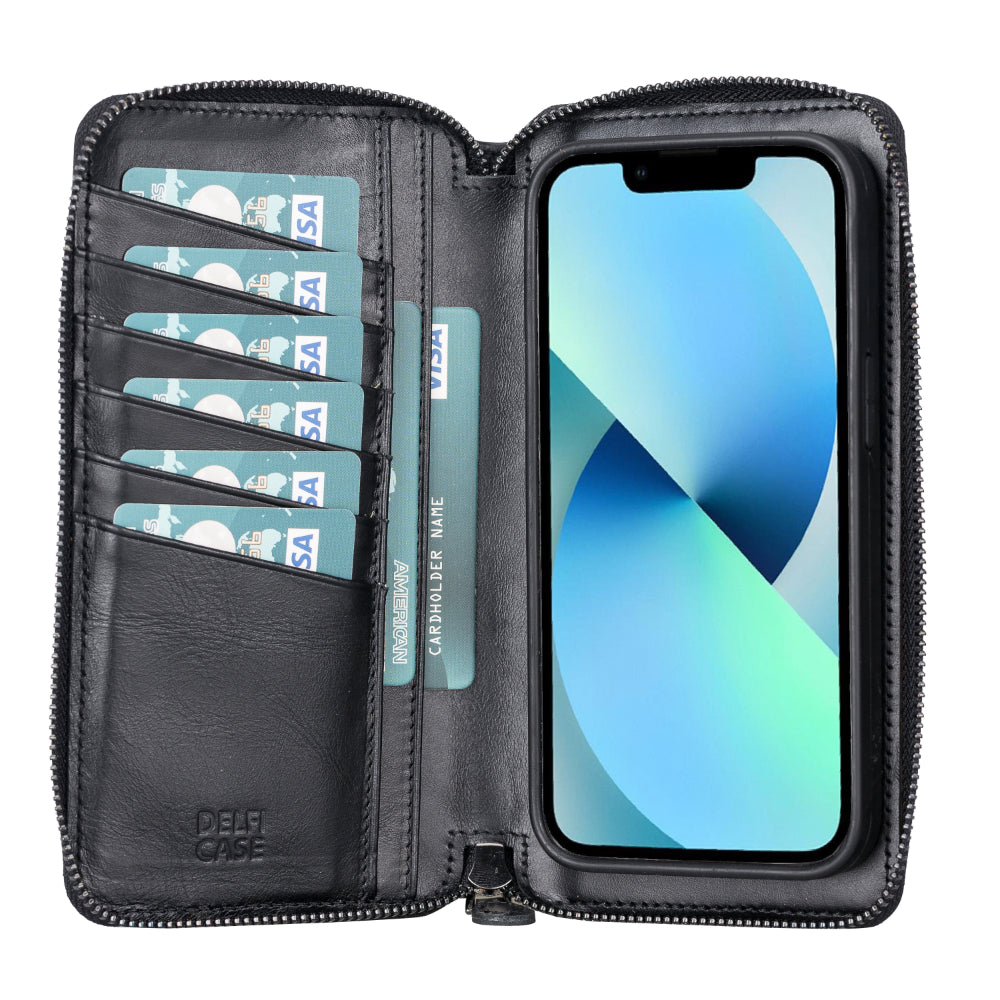 Delfi, Trina iPhone 13 Pro Genuine Leather Detachable and Zipper Wallet Case
