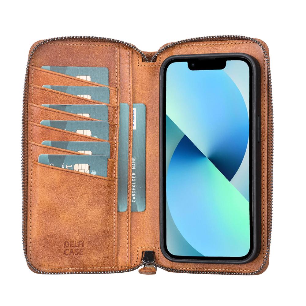 Delfi, Trina iPhone 13 Genuine Leather Detachable and Zipper Wallet Case