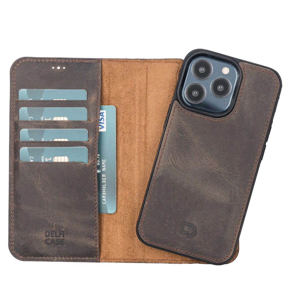Delfi, Magic iPhone 13 Pro Genuine Leather Detachable Wallet Case