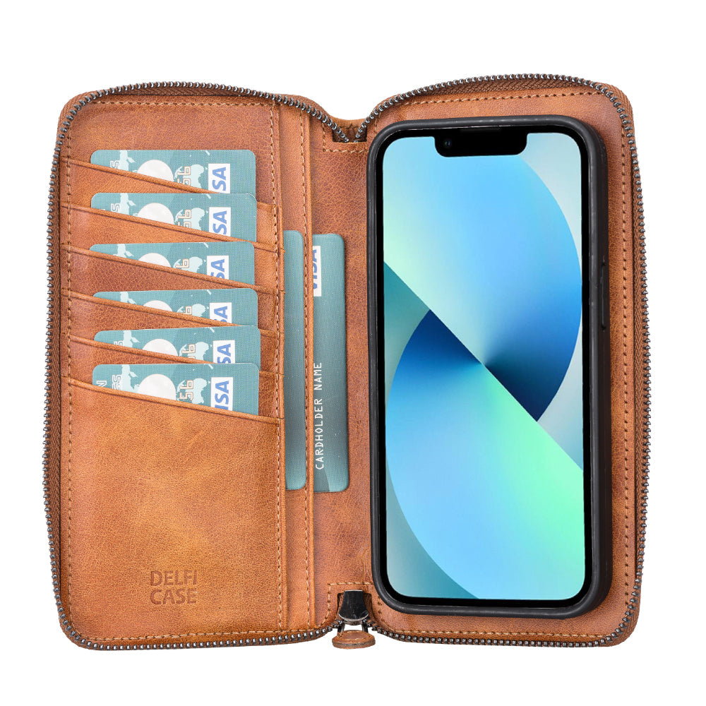 Delfi, Trina iPhone 13 Pro Genuine Leather Detachable and Zipper Wallet Case