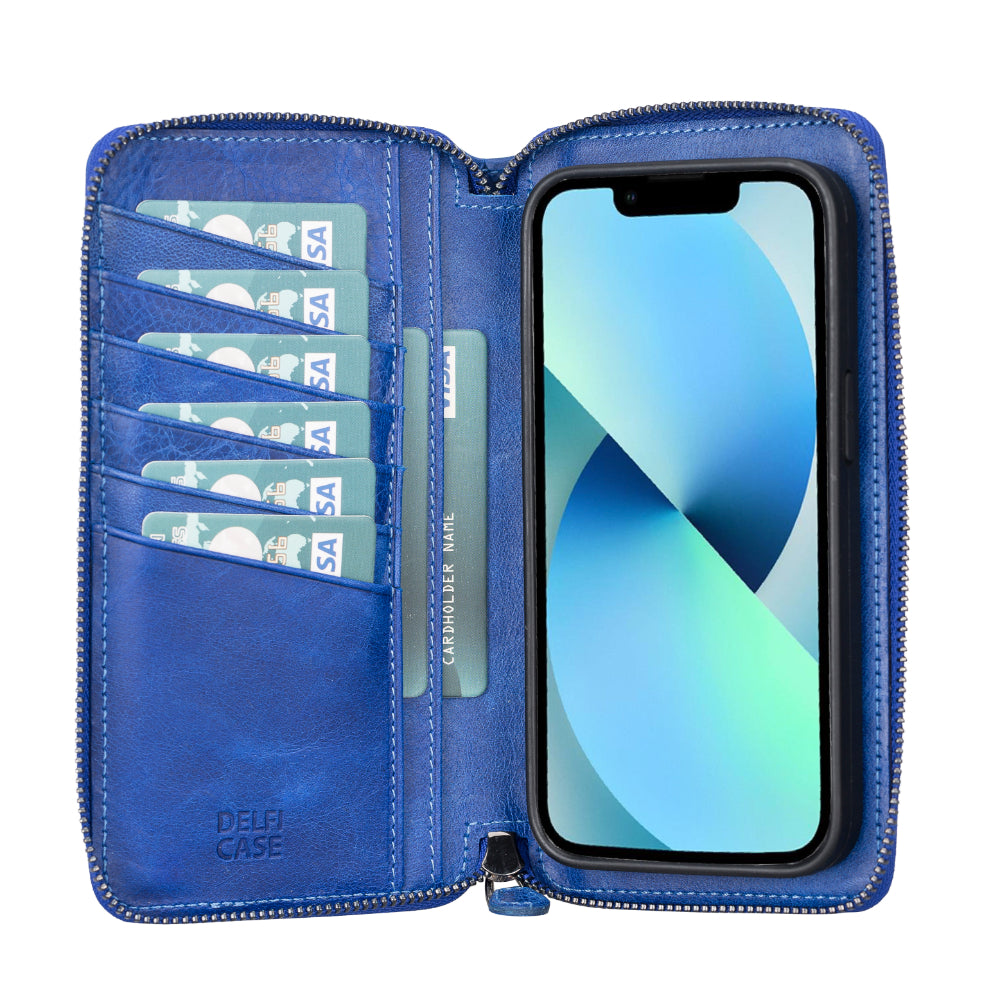 Delfi, Trina iPhone 13 Pro Genuine Leather Detachable and Zipper Wallet Case