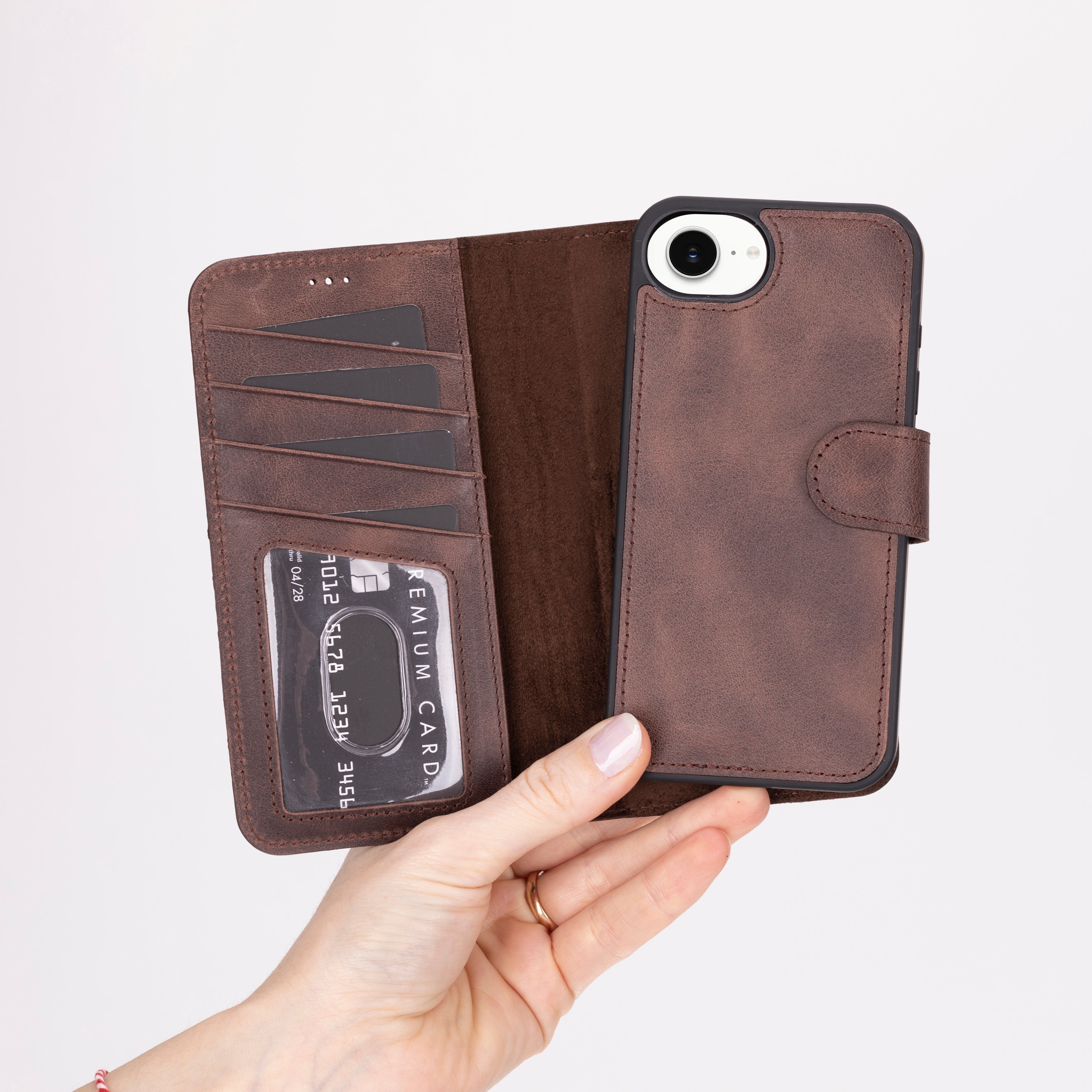 Magic iPhone 16E Detachable Genuine Leather Wallet Case