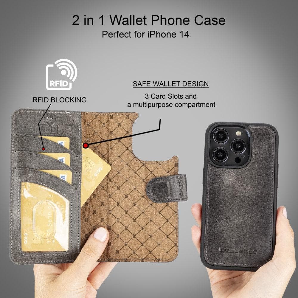 Magic iPhone 14 Detachable Genuine Darker Color Leather Wallet Case