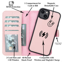 Magic Magnetic Detachable Leather Wallet Case with RFID for iPhone 15 (6.1") - PINK