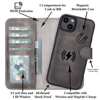 Magic Magnetic Detachable Leather Wallet Case with RFID for iPhone 15 (6.1") - GRAY