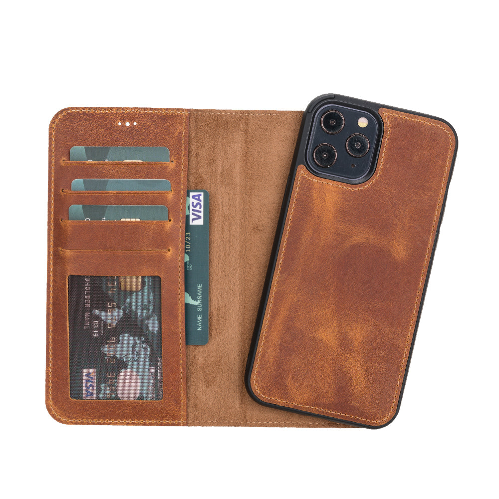 Liluri Magnetic Detachable Leather Wallet Case for iPhone 12 Pro (6.1") - TAN - saracleather