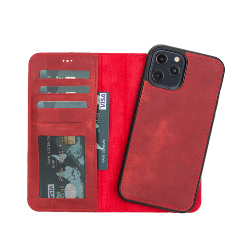 Liluri Magnetic Detachable Leather Wallet Case for iPhone 12 Pro (6.1") - RED - saracleather