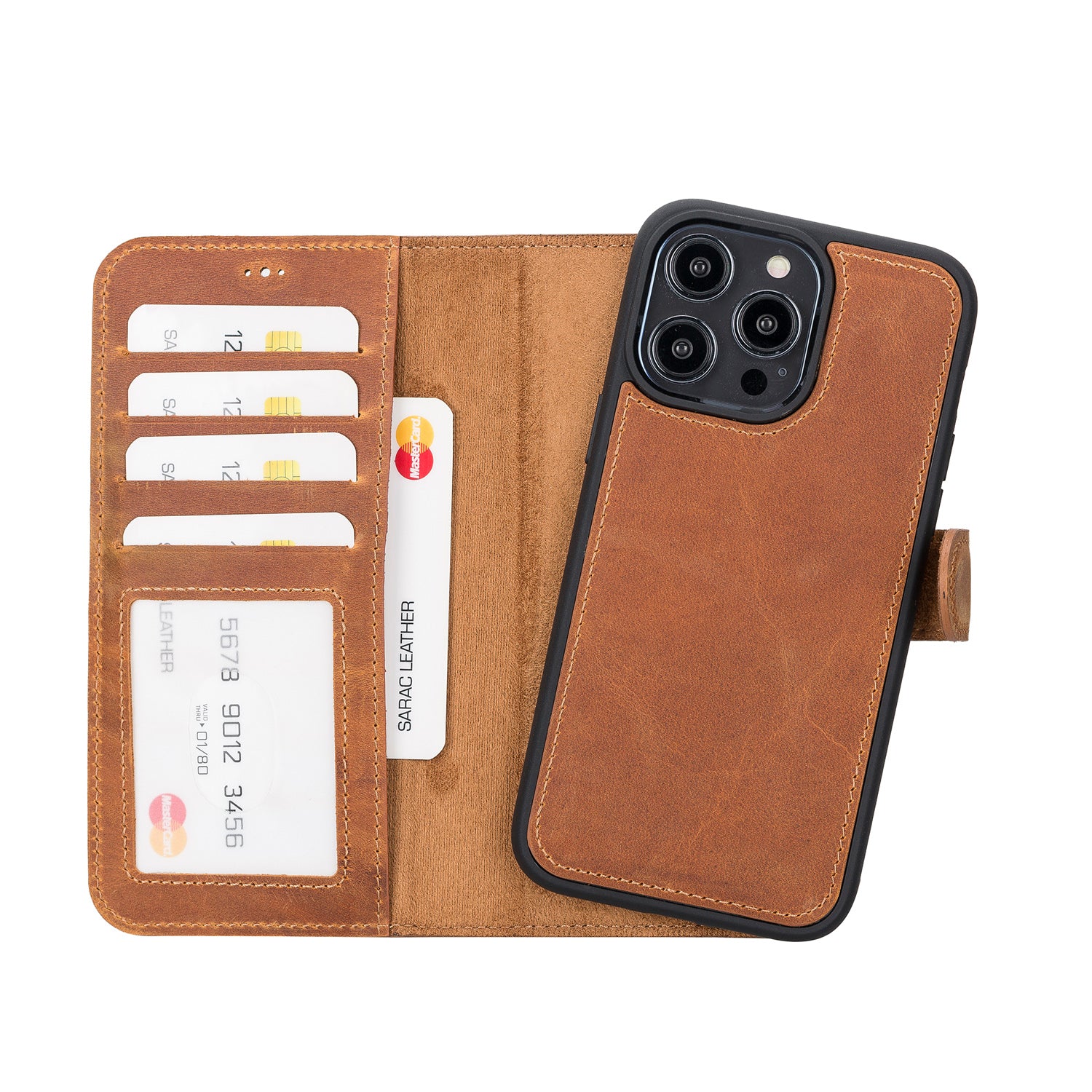 Liluri Magnetic Detachable Leather Wallet Case for iPhone 14 Pro (6.1") - TAN