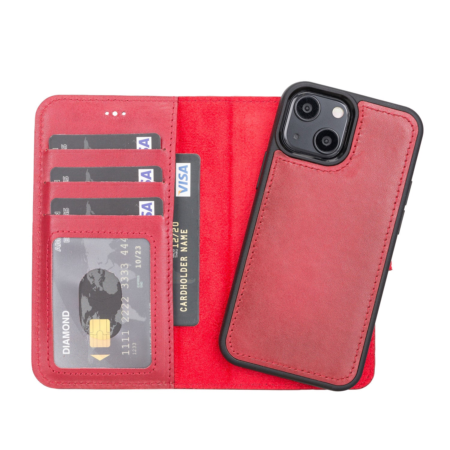 Magic Magnetic Detachable Leather Wallet Case with RFID for iPhone 13 Mini (5.4") - RED