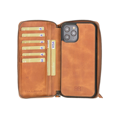Pouch Magnetic Detachable Leather Wallet Case for iPhone 12 Pro Max (6.7") - TAN - saracleather
