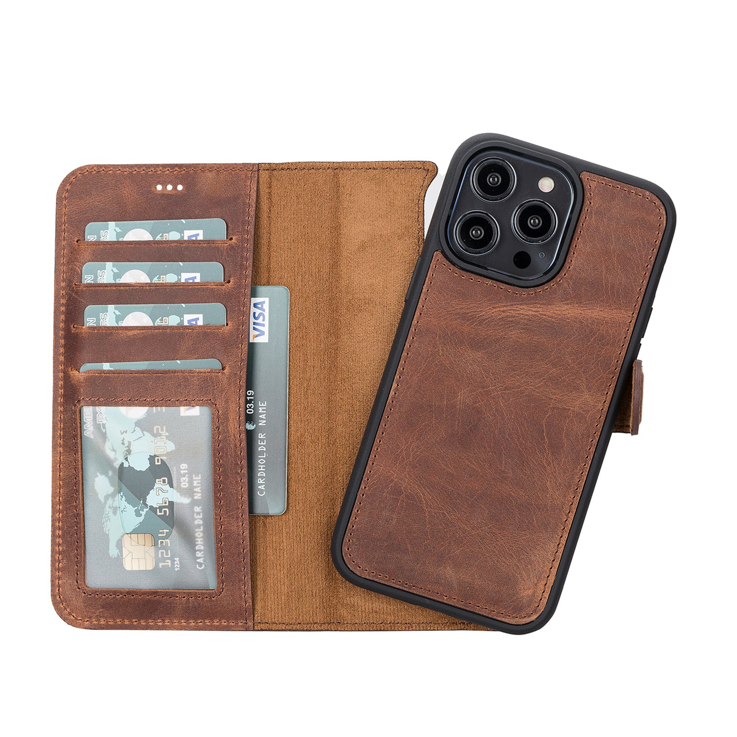 Magic Magnetic Detachable Leather Wallet Case with RFID for iPhone 14 Pro (6.1") - BROWN