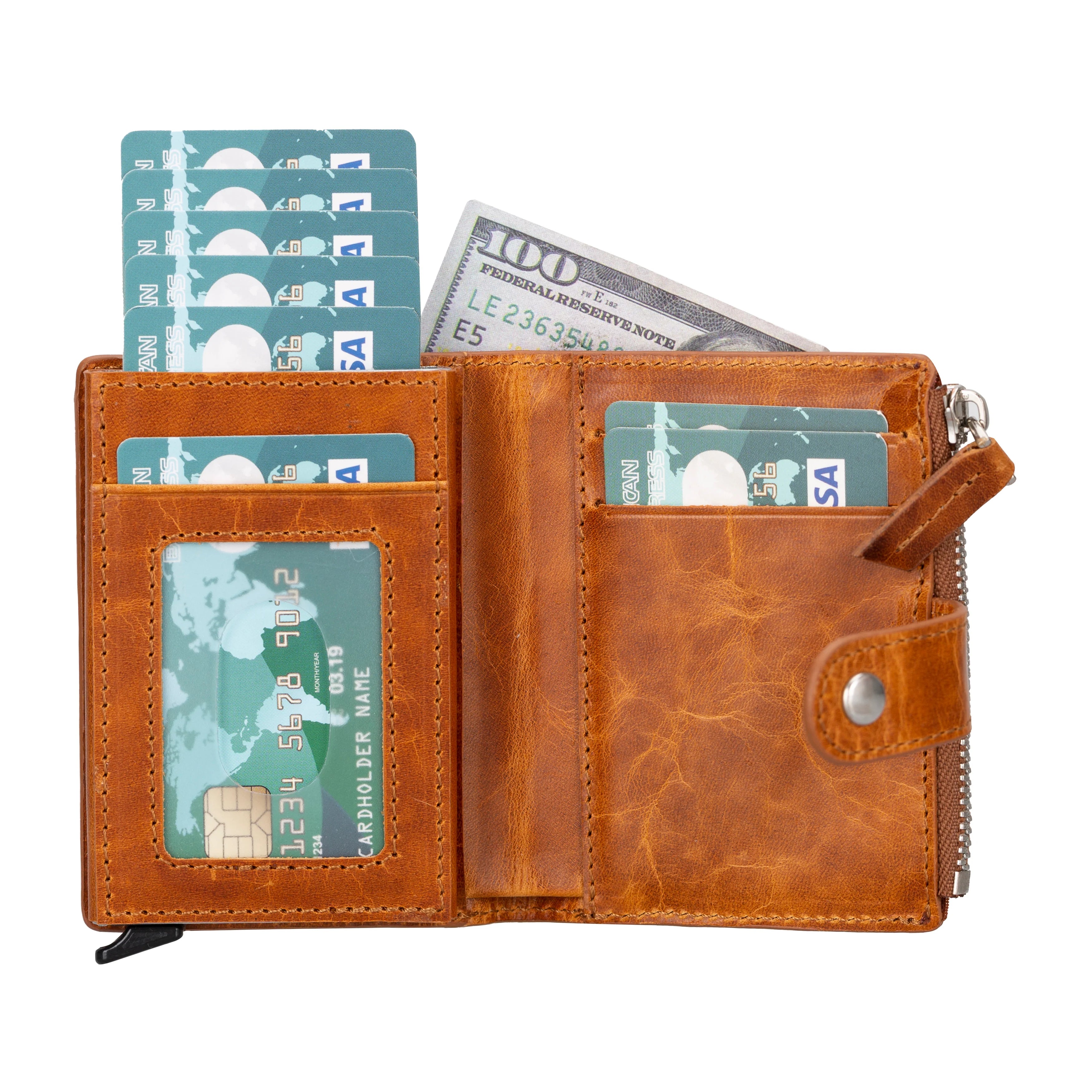 Zip Genuine Leather Mechanical Card Holder