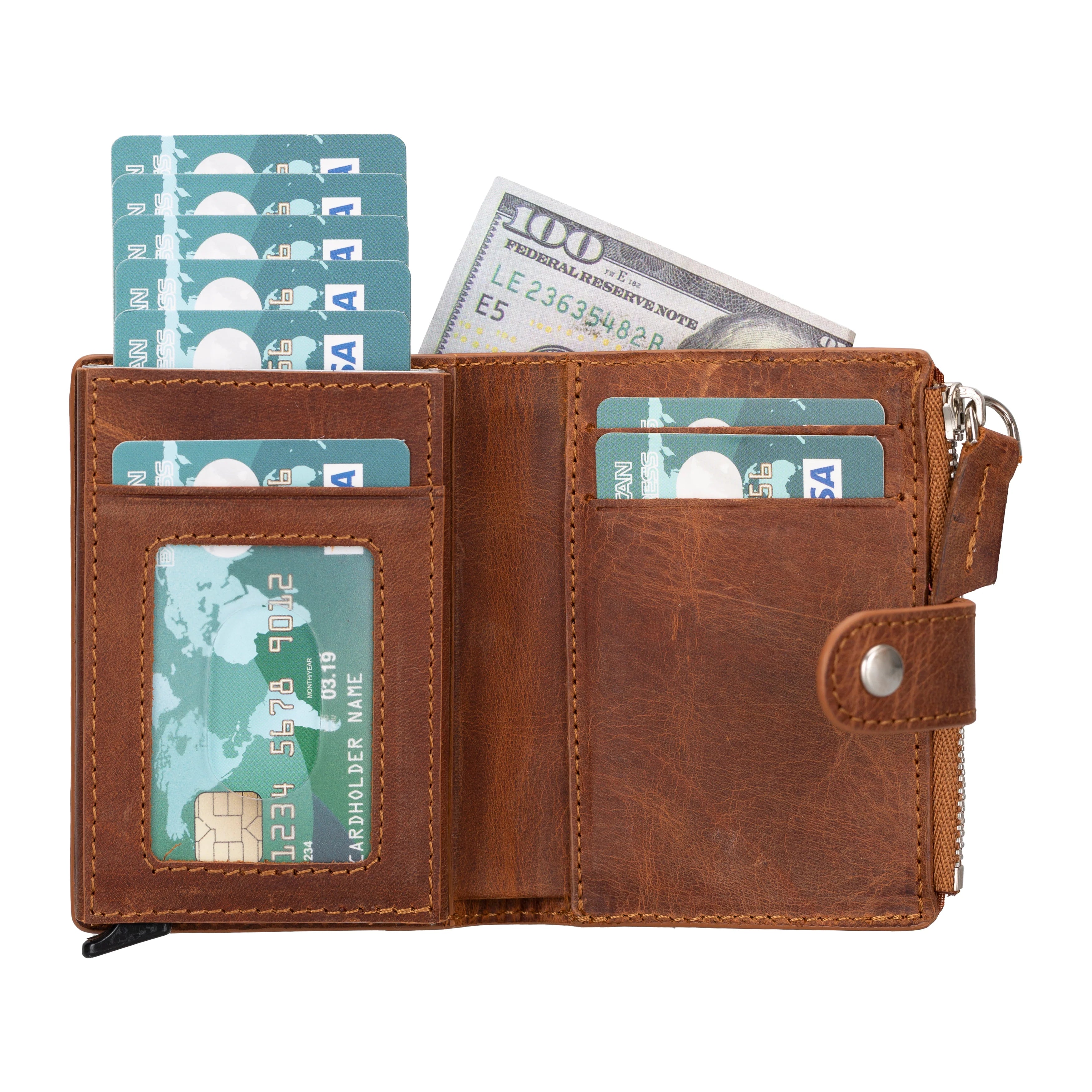 Zip Genuine Leather Mechanical Card Holder
