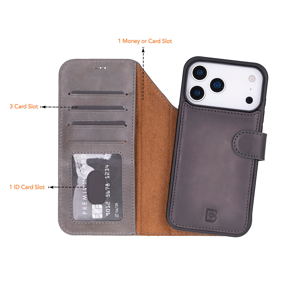 Magic iPhone 17 Pro Detachable Genuine Leather Wallet Case