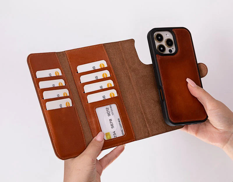 Santa iPhone 16 Pro Hakiki Deri Çıkarılabilir Cüzdan Kılıf