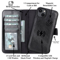 Magic Magnetic Detachable Leather Wallet Case with RFID for iPhone 15 (6.1") - BLACK