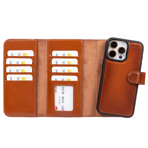 Santa Magnetic Detachable Leather Wallet Case for iPhone 15 Pro Max (6.7") - TAN