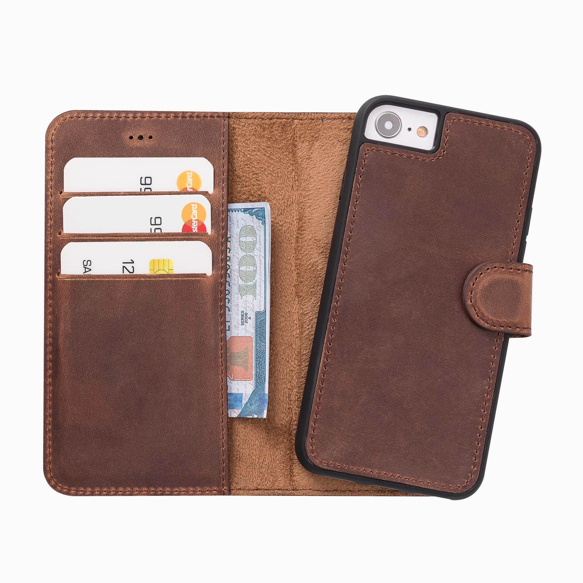 Liluri Magnetic Detachable Leather Wallet Case for iPhone SE 2022 / iPhone SE 2020 / 8 / 7 (4.7") - BROWN