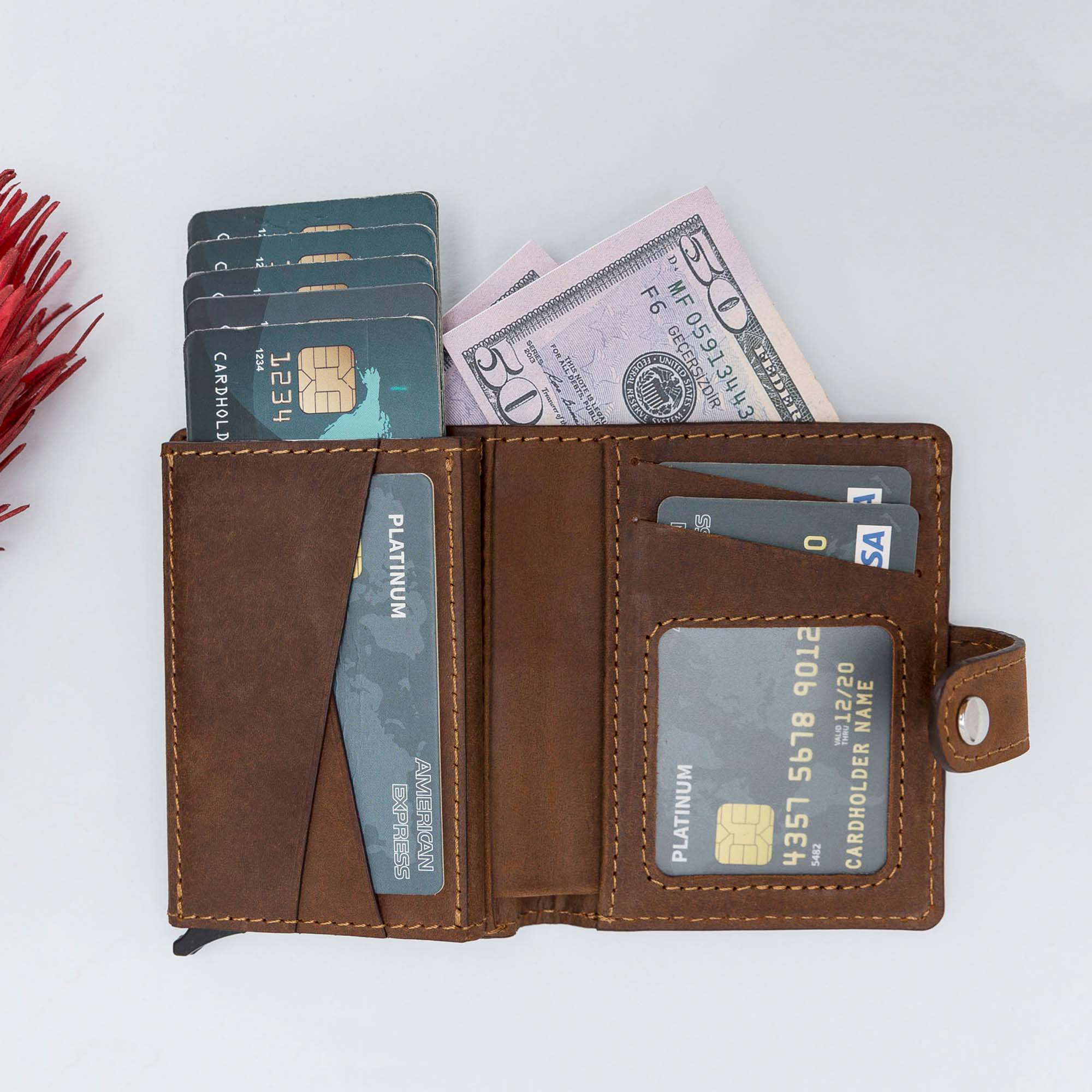 Palermo RFID Blocker Mechanism Pop Up Leather Wallet - BROWN - saracleather