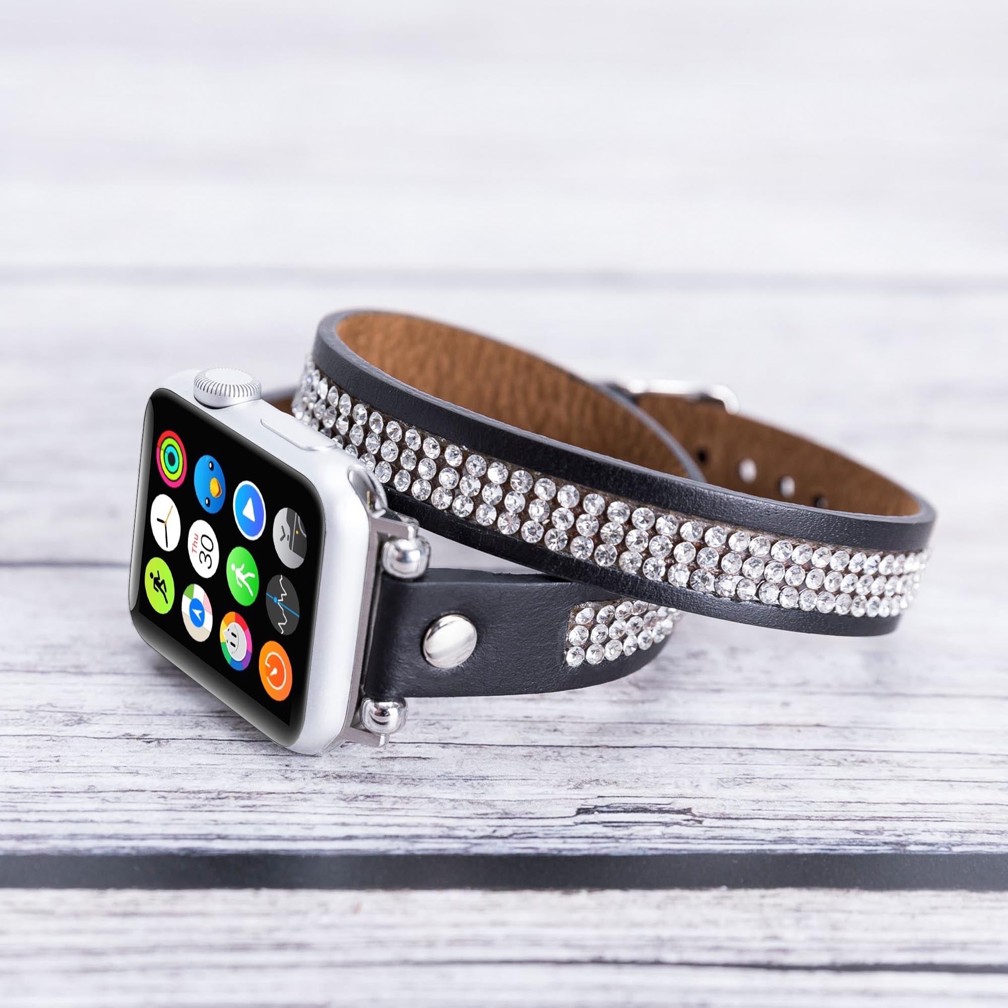 Ferro Double Tour Strap: Full Grain Leather Band for Apple Watch - BLACK - saracleather