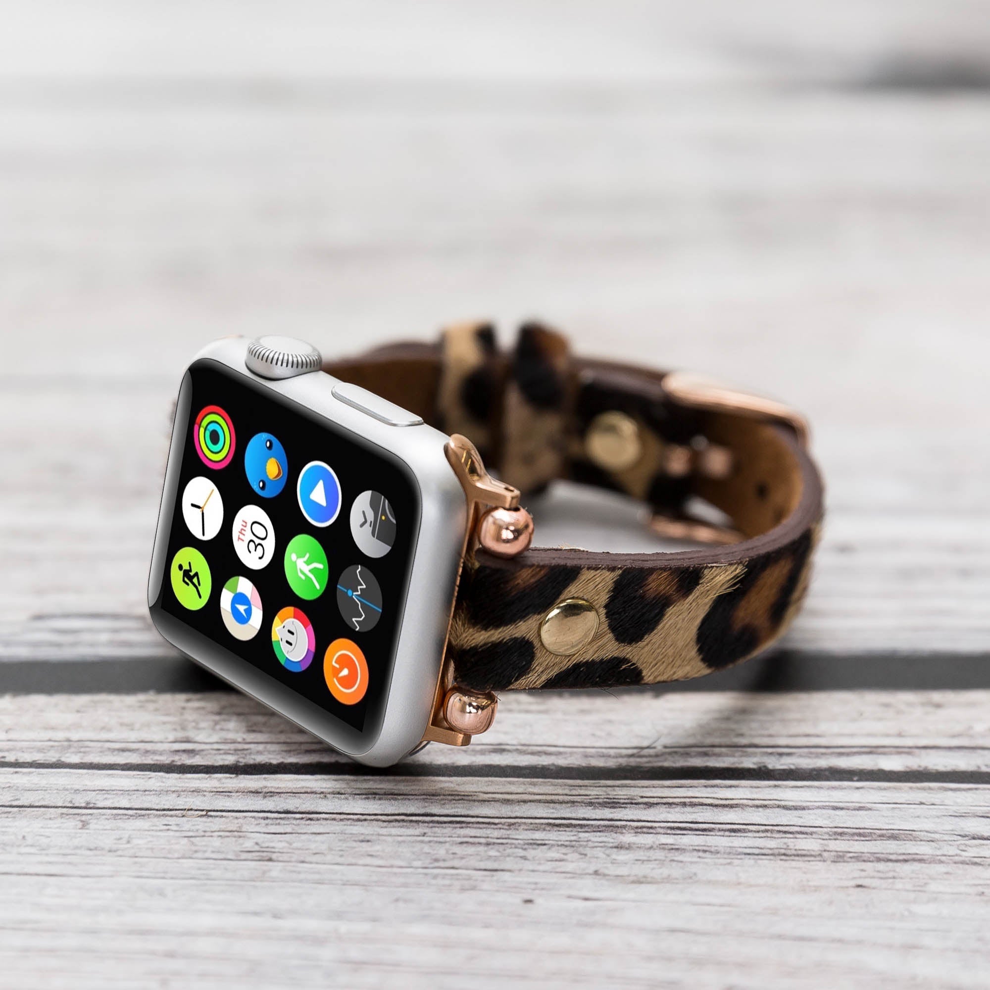 Ferro Strap - Full Grain Leather Band for Apple Watch - FURRY LEOPARD PATTERNED - saracleather