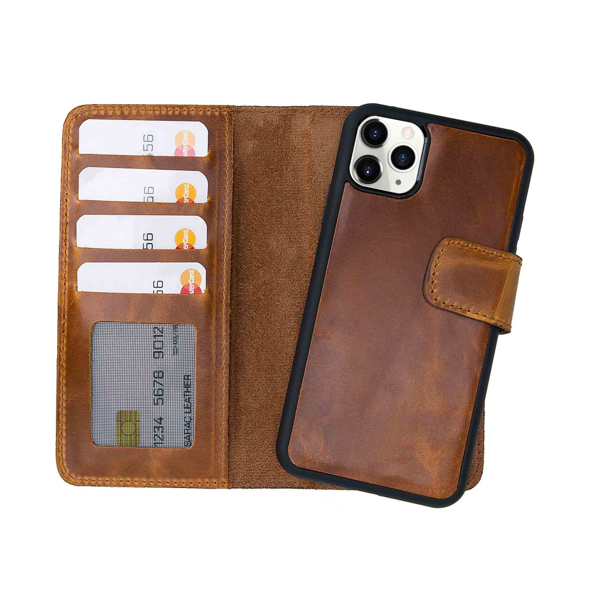 Liluri Magnetic Detachable Leather Wallet Case for iPhone 11 Pro Max (6.5") - TAN - saracleather