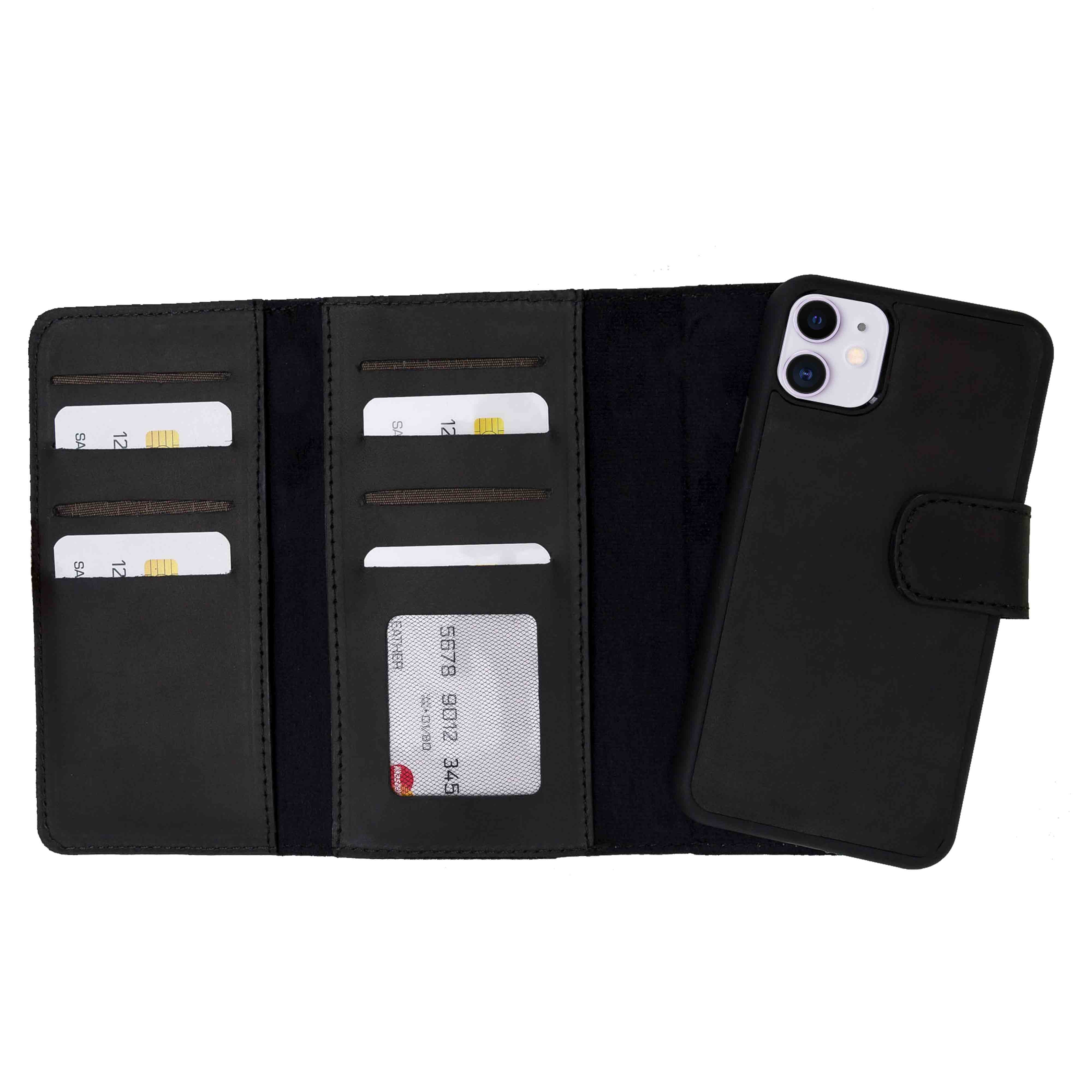 Santa Magnetic Detachable Leather Tri-Fold Wallet Case for iPhone 11 (6.1") - BLACK - saracleather