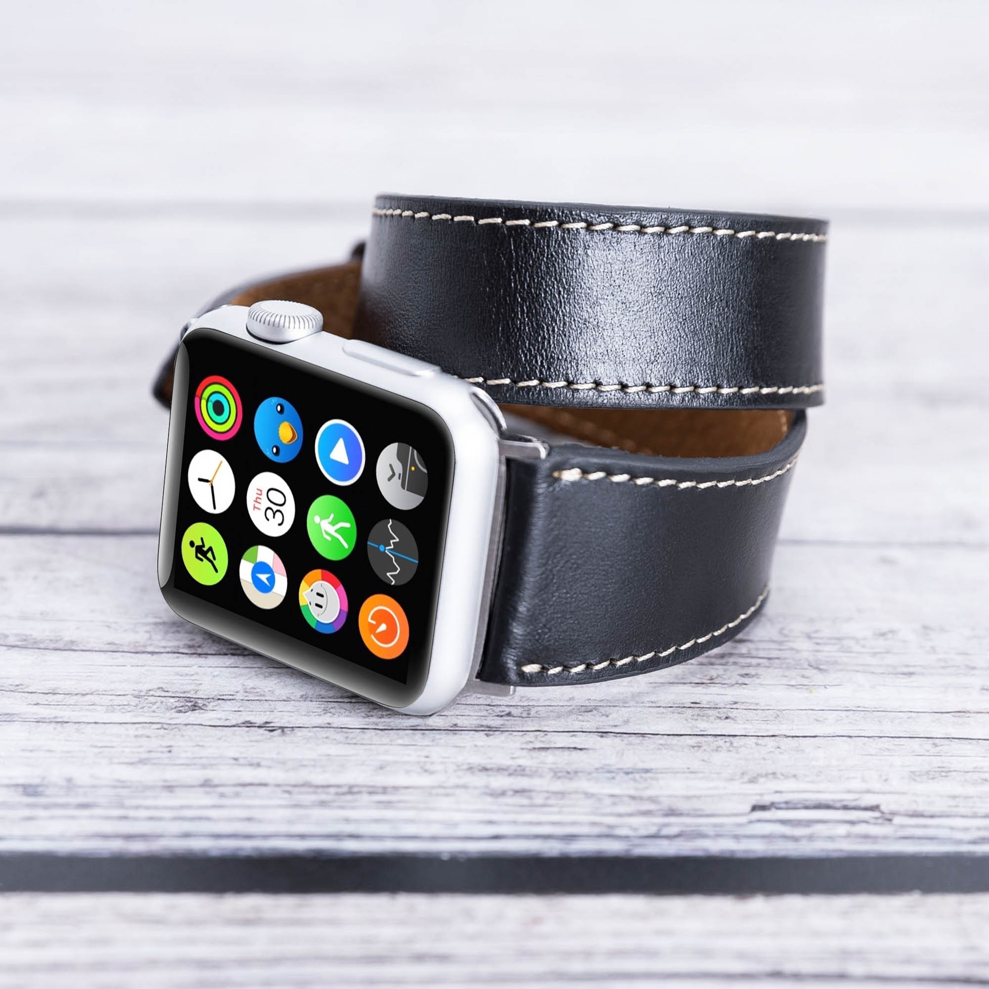 Double Tour Strap: Full Grain Leather Band for Apple Watch - BLACK - saracleather