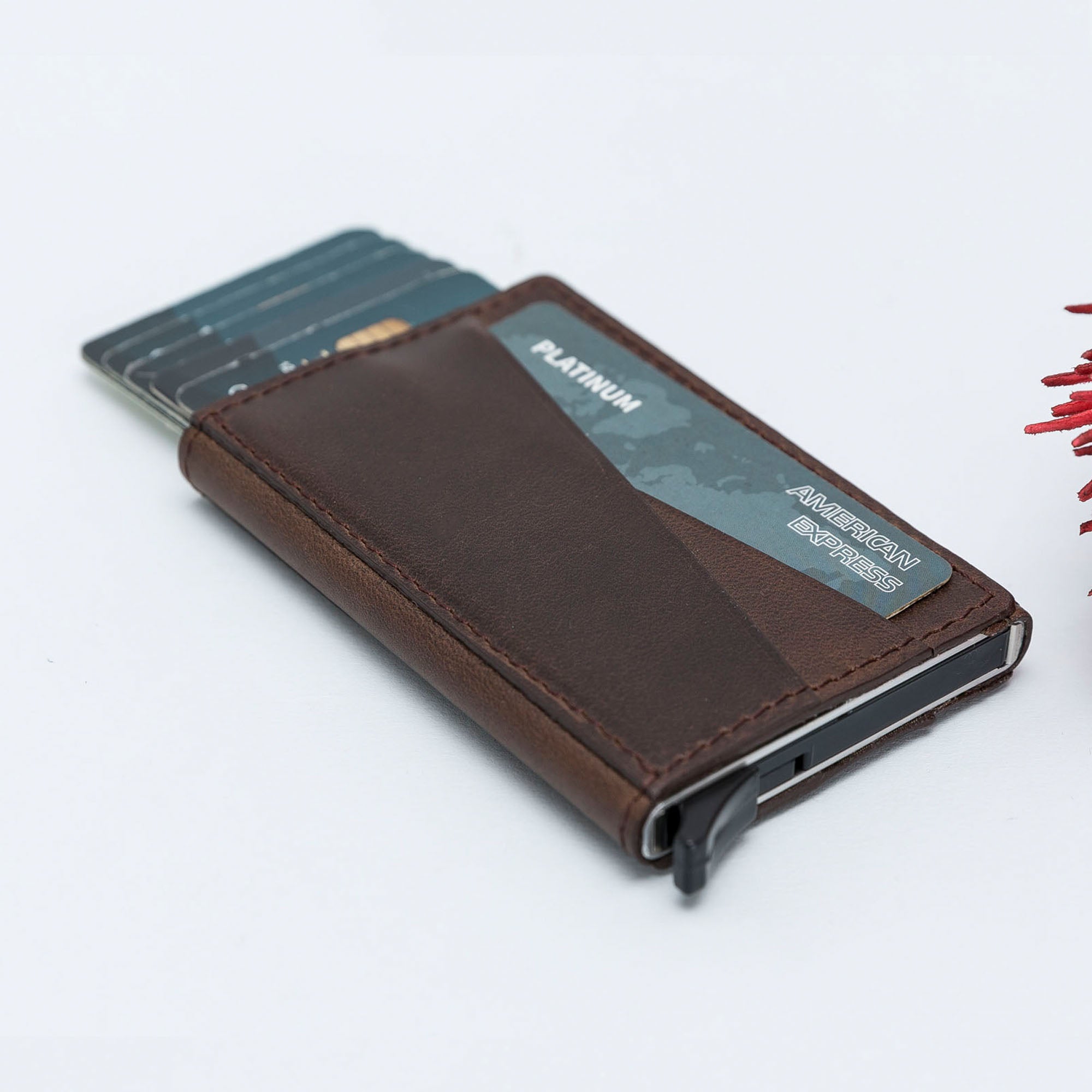 Torres RFID Blocker Mechanism Pop Up Leather Business / Credit Card Holder - BROWN - saracleather