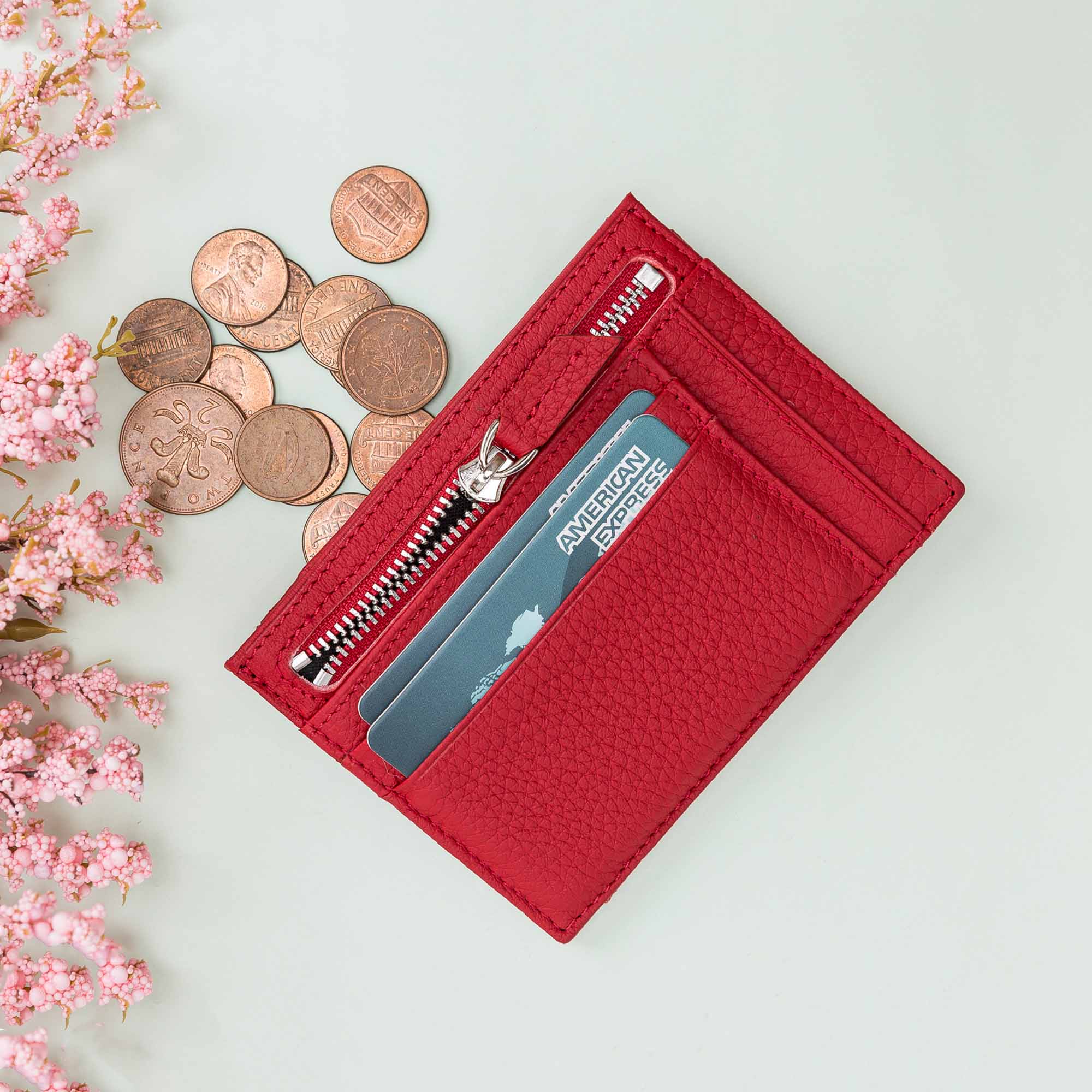 Slim Zipper Leather Wallet - RED - saracleather
