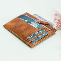 Slim Zipper Leather Wallet - TAN - saracleather