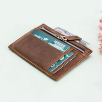 Slim Zipper Leather Wallet - BROWN - saracleather