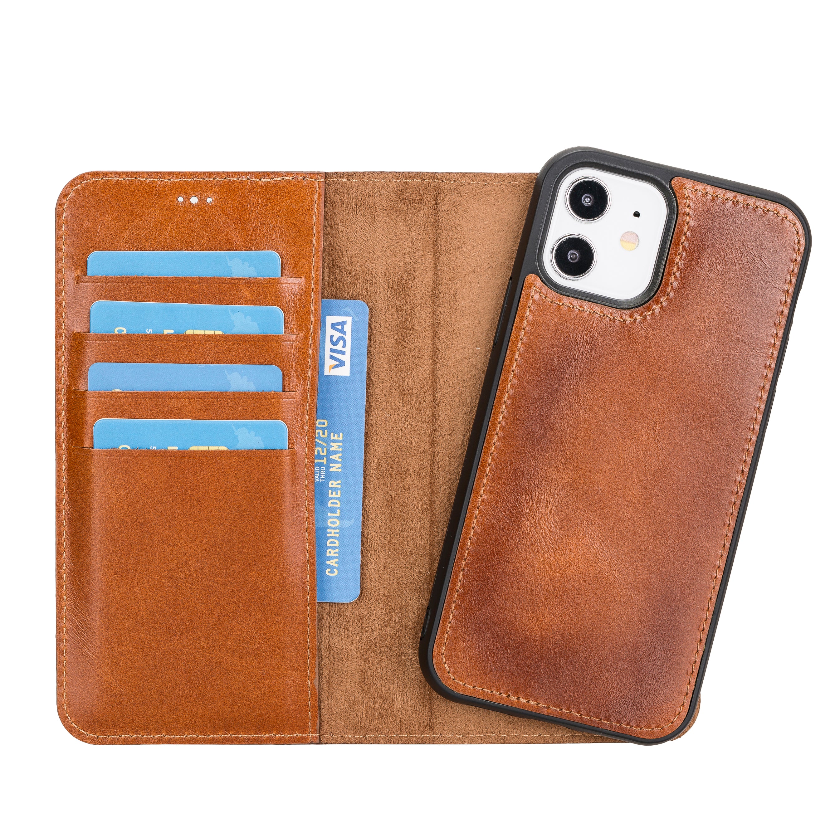 Magic Magnetic Detachable Leather Wallet Case for iPhone 12 (6.1") - EFFECT BROWN - saracleather