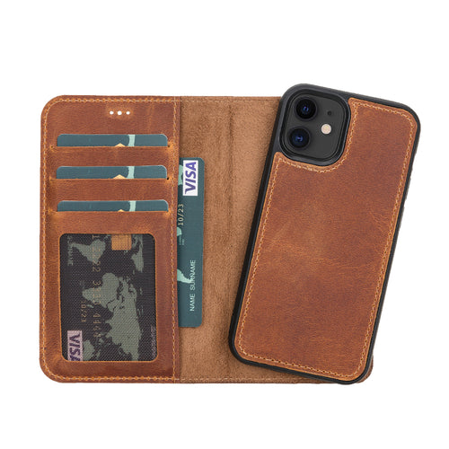 Liluri Magnetic Detachable Leather Wallet Case for iPhone 12 Mini (5.4") - TAN - saracleather