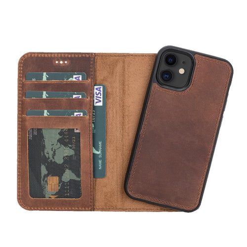 Liluri Magnetic Detachable Leather Wallet Case for iPhone 12 Mini (5.4") - BROWN - saracleather