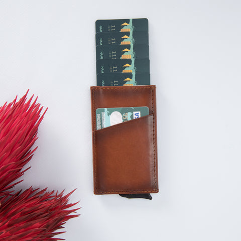 Torres RFID Blocker Mechanism Pop Up Leather Business / Credit Card Holder - RED - saracleather
