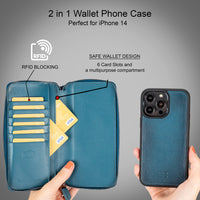 Pouch Magnetic Detachable Leather Wallet Case for iPhone 14 Pro (6.1") - BLUE