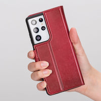 Magic Magnetic Detachable Leather Wallet Case with RFID for Samsung Galaxy S21 Ultra 5G (6.8") - RED - saracleather