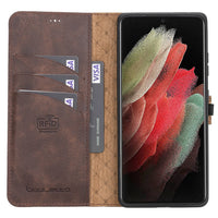 Magic Magnetic Detachable Leather Wallet Case with RFID for Samsung Galaxy S21 Ultra 5G (6.8") - BROWN - saracleather