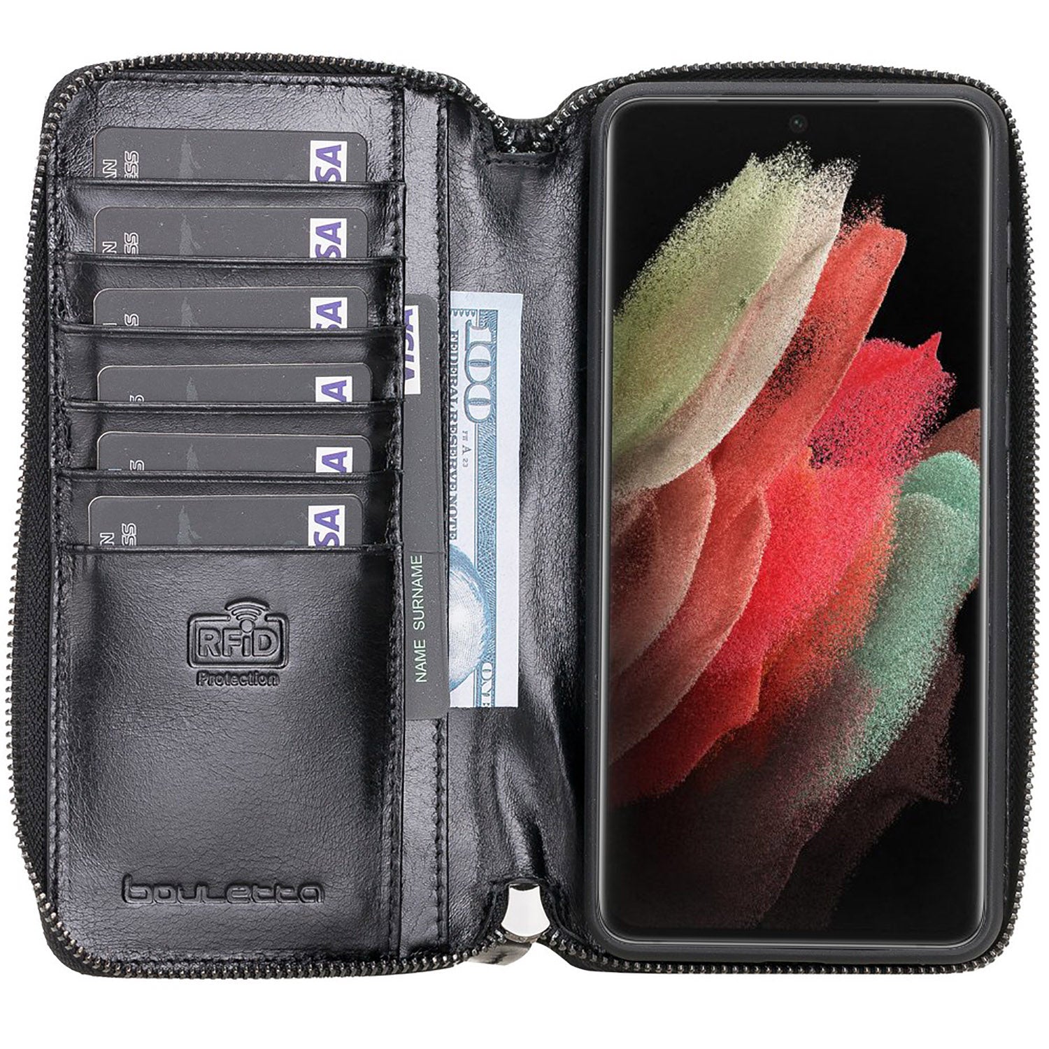Pouch Magnetic Detachable Leather Wallet Case with RFID for Samsung Galaxy S21 5G (6.2