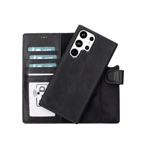 Magic Magnetic Detachable Leather RFID Blocker Wallet Case for Samsung Galaxy S23 Ultra (6.8") - BLACK