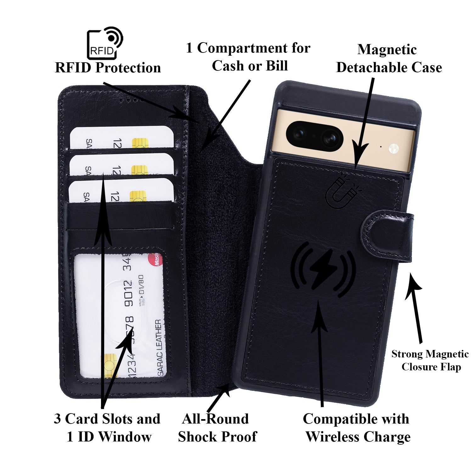 Magic Magnetic Detachable Leather RFID Blocker Wallet Case for Google Pixel 7 (6.3