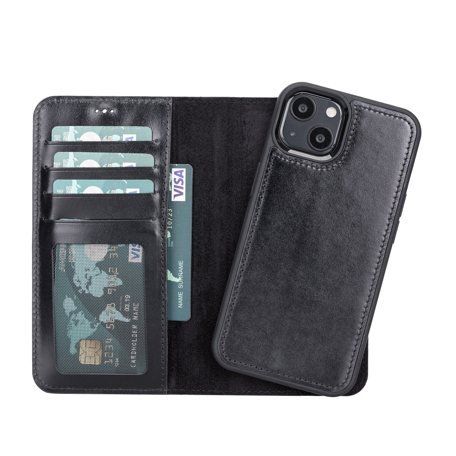 Magic Magnetic Detachable Leather Wallet Case with RFID for iPhone 13 (6.1") - BLACK