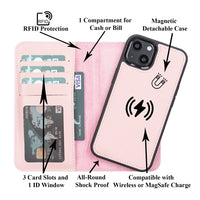 Magic Magnetic Detachable Leather Wallet Case with RFID for iPhone 13 (6.1") - PINK