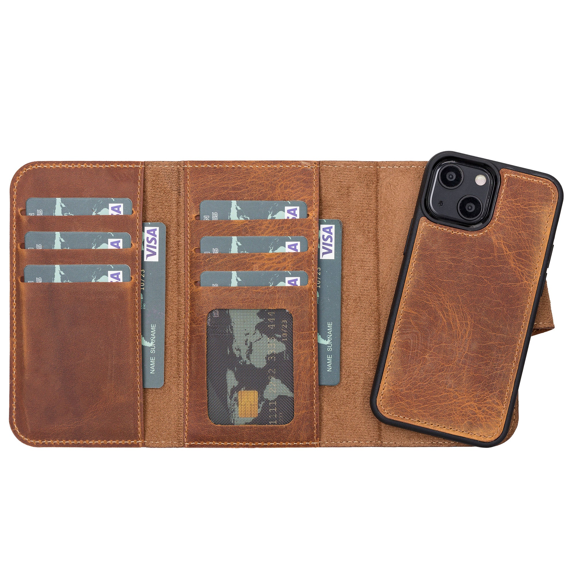 Santa Magnetic Detachable Leather Wallet Case for iPhone 13 Mini (5.4") - TAN - saracleather