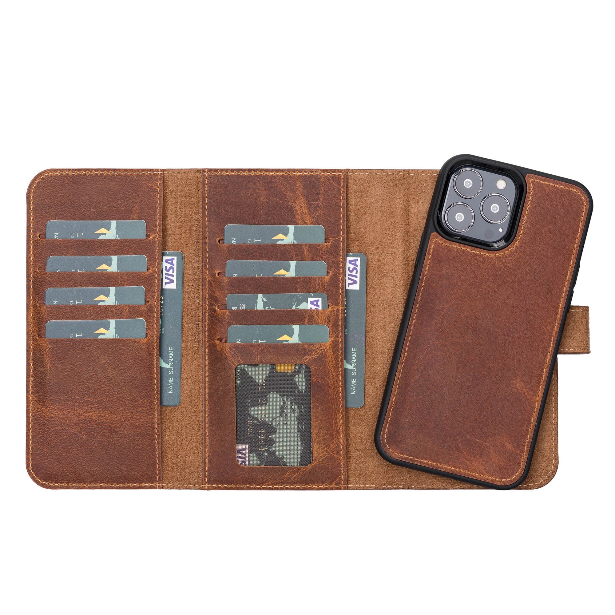 Santa Magnetic Detachable Leather Wallet Case for iPhone 13 Pro (6.1") - TAN - saracleather