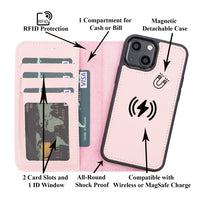Magic Magnetic Detachable Leather Wallet Case with RFID for iPhone 13 Mini (5.4") - PINK