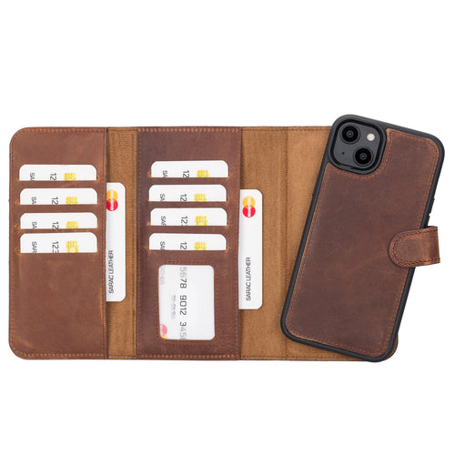 SANTA Magnetic Detachable Leather Wallet Case for iPhone 14 (6.1") - BROWN